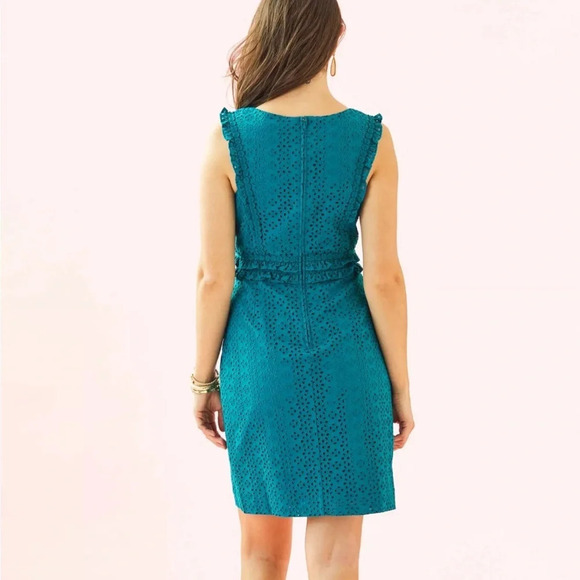 Lilly Pulitzer KAYLEE SHIFT DRESS Tanzanian Teal Petite Petal Eyelet Sz 0 - Picture 2 of 9